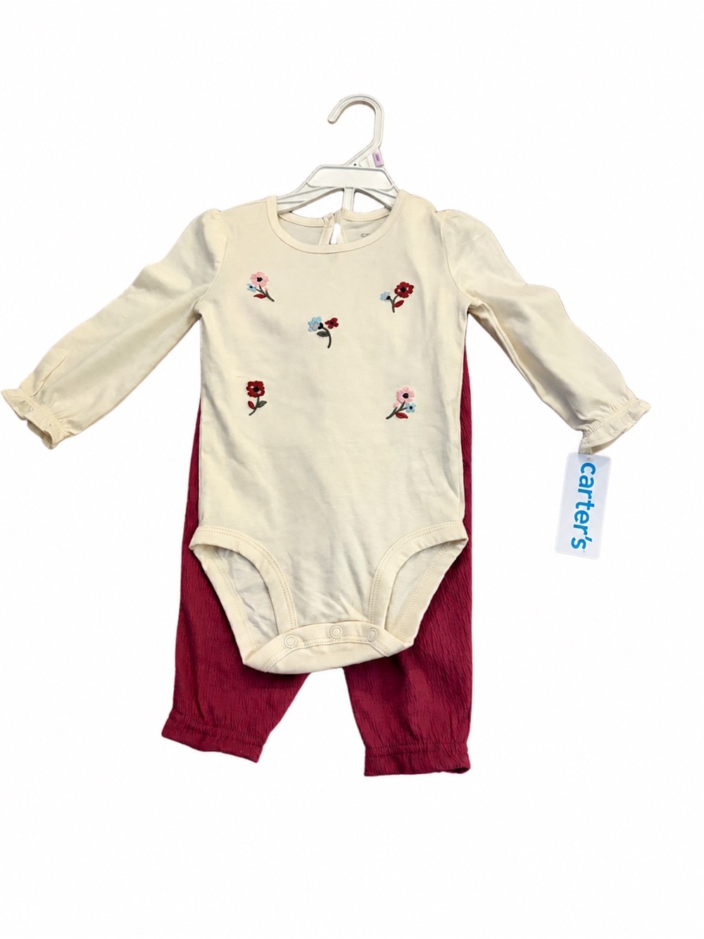 Carter's Cream Embroidered Floral Long-Sleeve One-Piece with Burgundy Pants